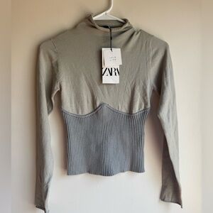 Zara Gray Two-Tone Corset Knit Ribbed Long Sleeve Sweater Size medium